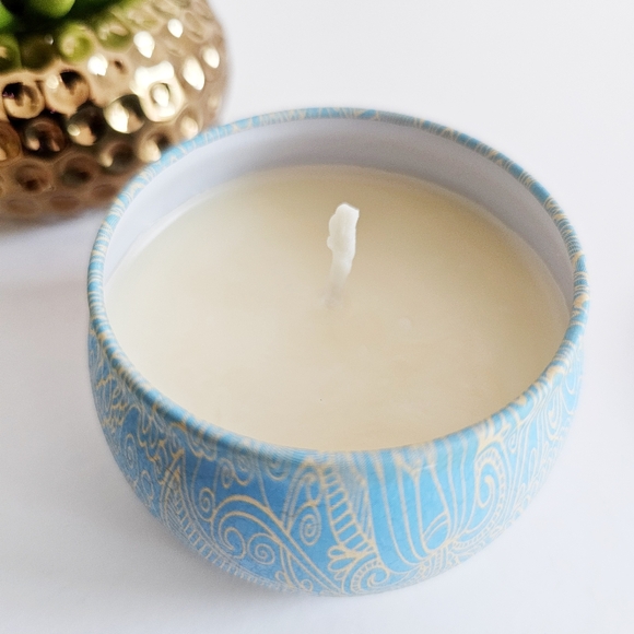 2 New Aromatherapy Bohemian Tin Candles Natural Soy Wax Mediterranean Fig, Lemon - Picture 3 of 12